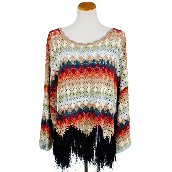 Free People Crochet Fringe Scalloped Hem Knit Poncho Top | Coastal Cowgirl Boho - Picture 2 of 16